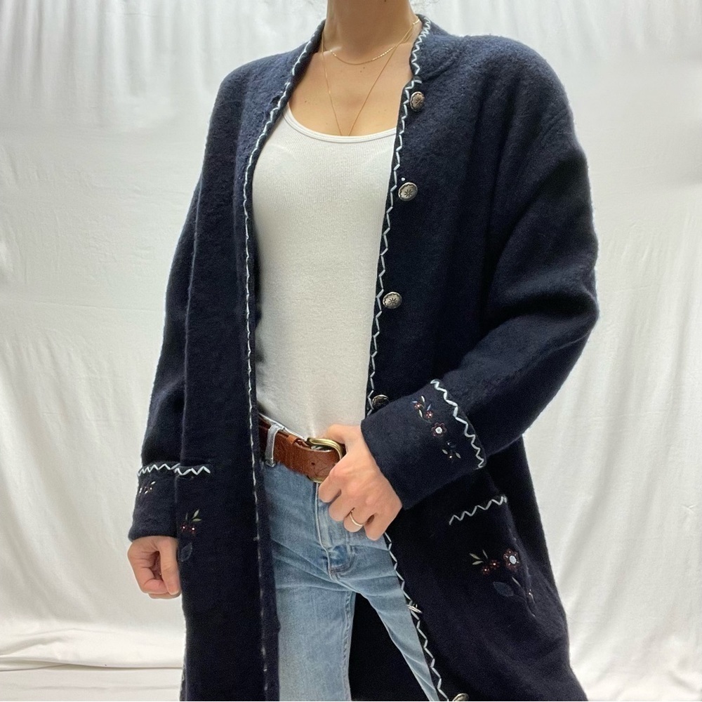 LINDOR wool cardigan long size M vintage blue embroidery cottage winter prairie